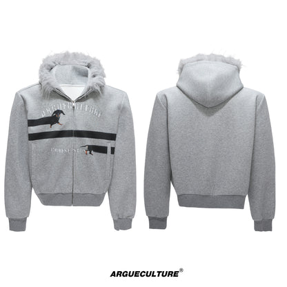 Fake Fur Collar Letter Print Zipper Hoodie WN21749