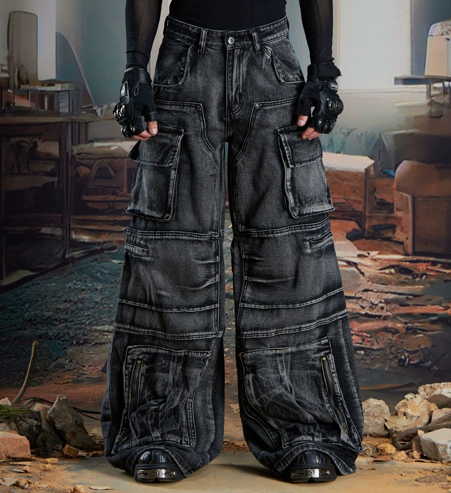 Deconstruction Multi-Pocket Washed Wide Leg Cargo Denim Jeans WN21340