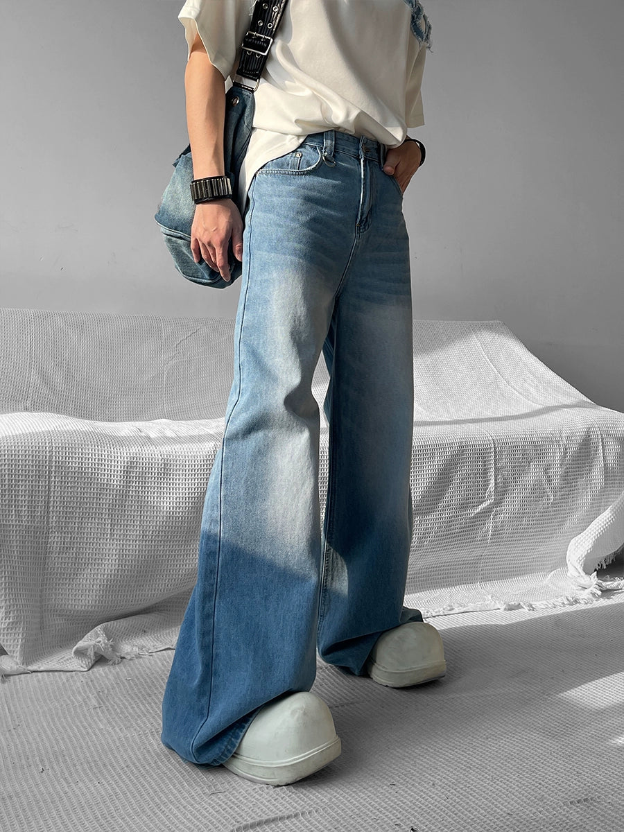 Faded Mid Waist Wide Leg Straight Denim Jeans WN9564