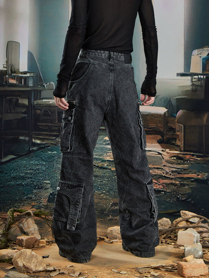 Multi-Pocket Washed Deconstructed 3D Cut Straight Cargo Denim Jeans WN20592