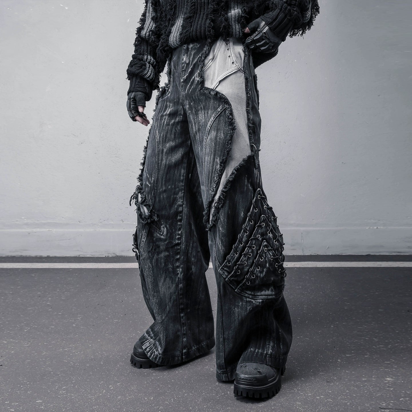 Damage Wash Mix Patch Deconstruct Wide Leg Denim Jeans WN22413