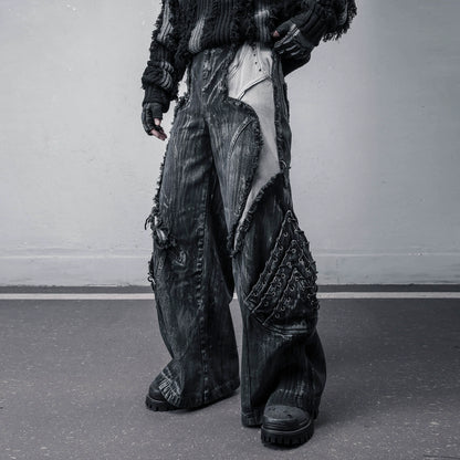 Damage Wash Mix Patch Deconstruct Wide Leg Denim Jeans WN22413