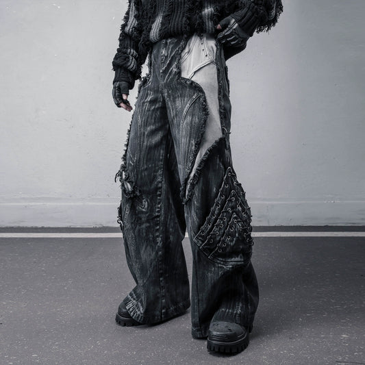 Damage Wash Mix Patch Deconstruct Wide Leg Denim Jeans WN22413