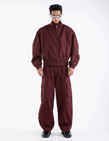 Stand Neck Zipper Short Jacket & Cargo Pants Setup WN20651