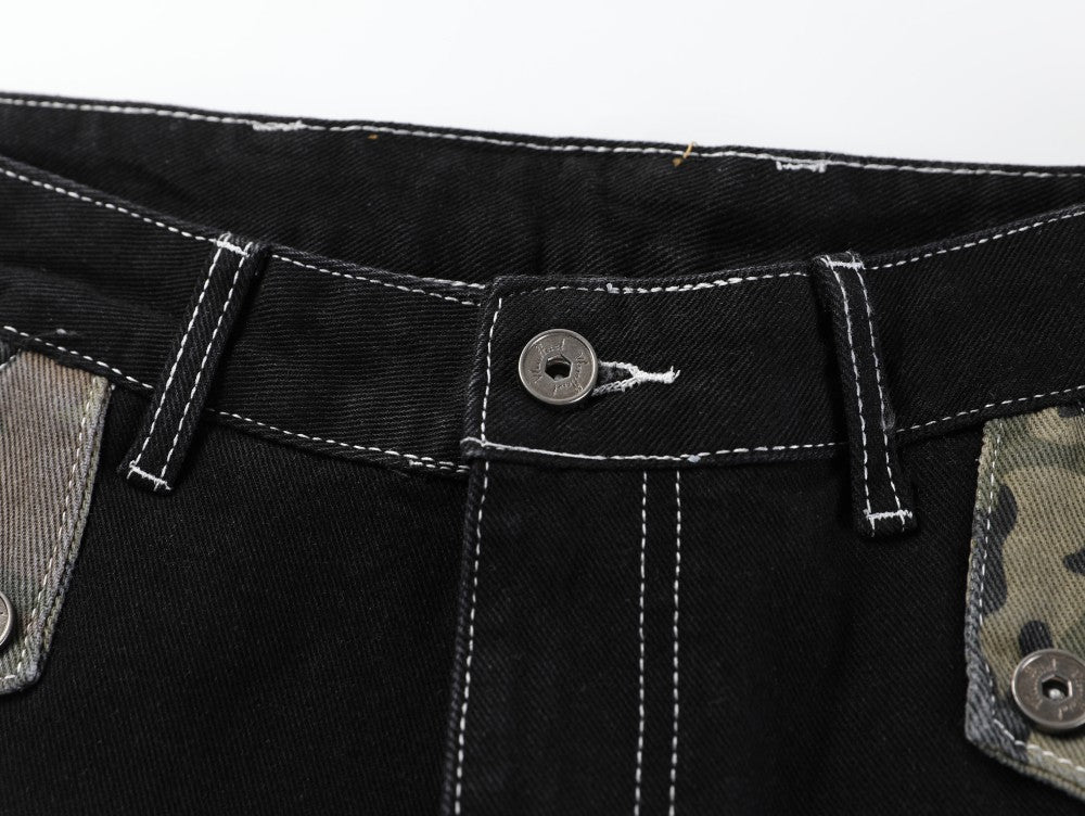 Camouflage Patchwork Letter Embroidery Rhinestone Wide Leg Denim Jeans WN27887