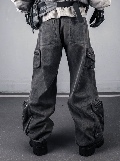 Wash Multi-Pocket Fleece Lining Cargo Denim Jeans WN22436