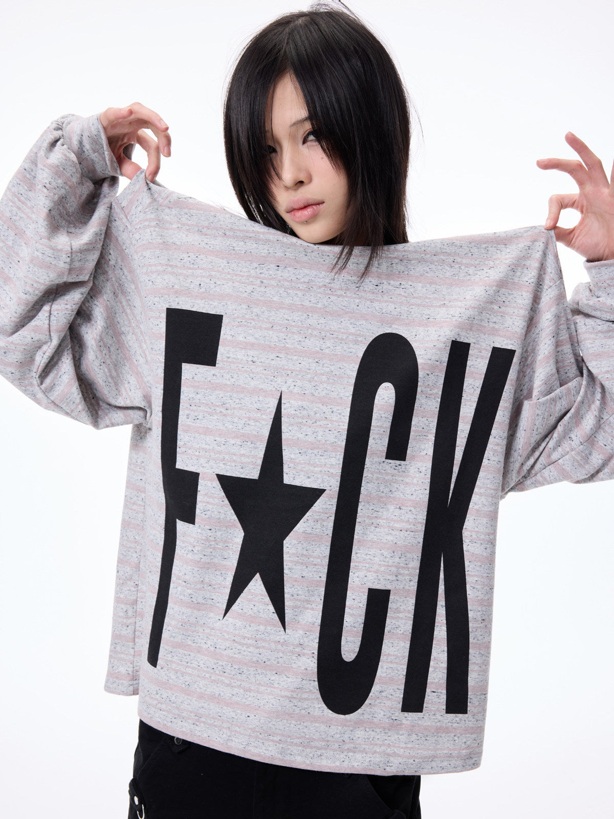 Contrast Stripe Slogan Print Oversize Long Sleeve T-Shirt WN27321