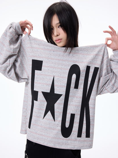 Contrast Stripe Slogan Print Oversize Long Sleeve T-Shirt WN27321