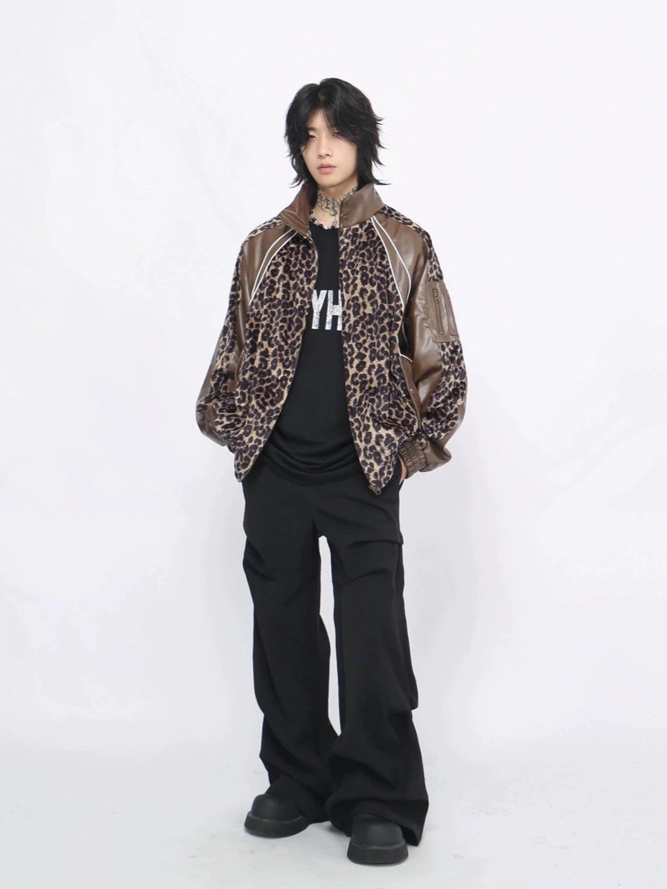 Stand Neck Leopard Print PU Leather Mix Jacket WN8371