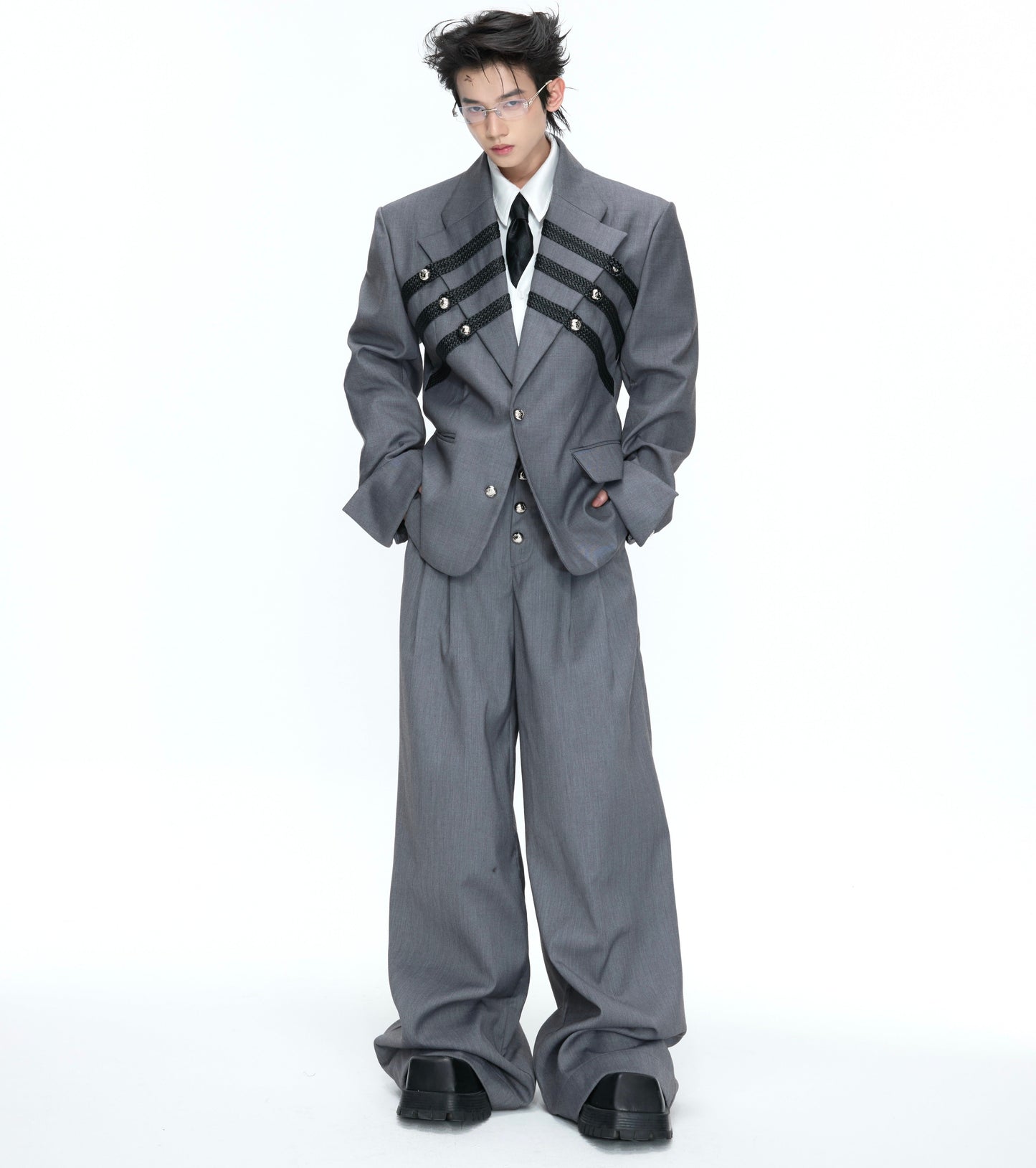 Braided Leather Double-Breasted Shoulder Pad Tailored Jacket & Wide Leg Trousers Setup WN26973