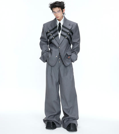 Braided Leather Double-Breasted Shoulder Pad Tailored Jacket & Wide Leg Trousers Setup WN26973