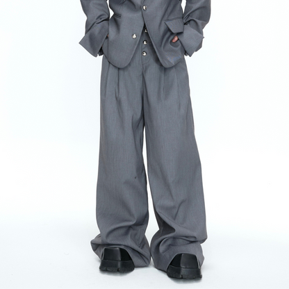 Braided Leather Double-Breasted Shoulder Pad Tailored Jacket & Wide Leg Trousers Setup WN26973