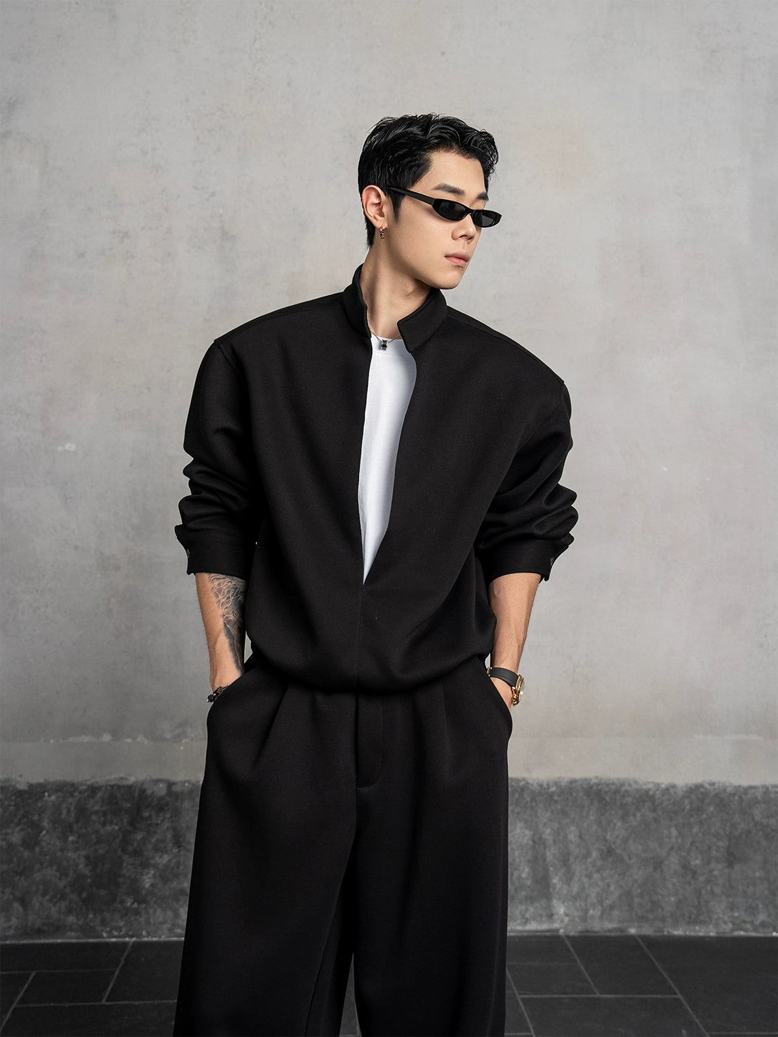 Fake Layered Stand Neck Sweatshirt & Pants Setup WN20870