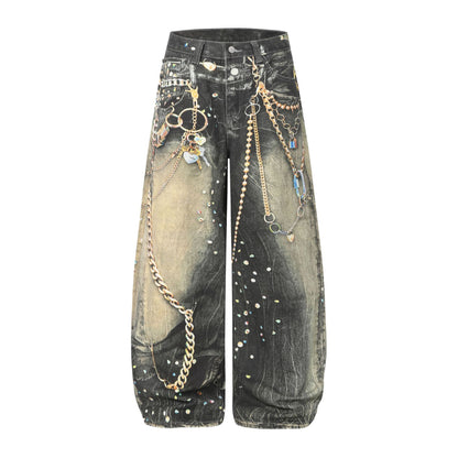 Chain Paint  3D Print Washed Wide Leg Denim Jeans WN25475