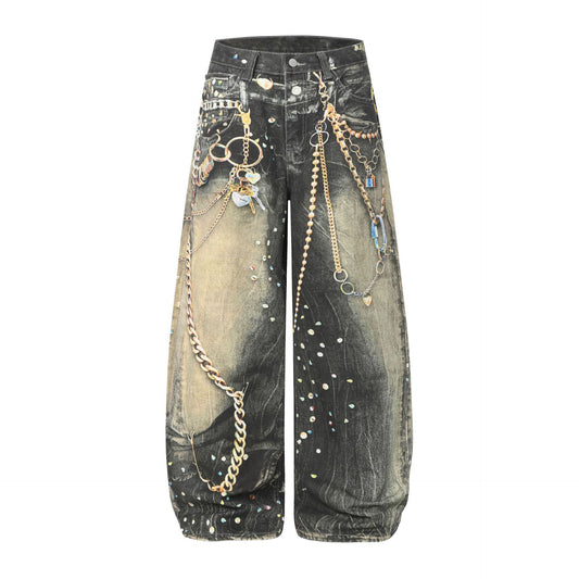 Chain Paint  3D Print Washed Wide Leg Denim Jeans WN25475