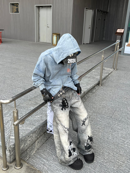 Wash Damage Oversize Zipper Hoodie WN24079