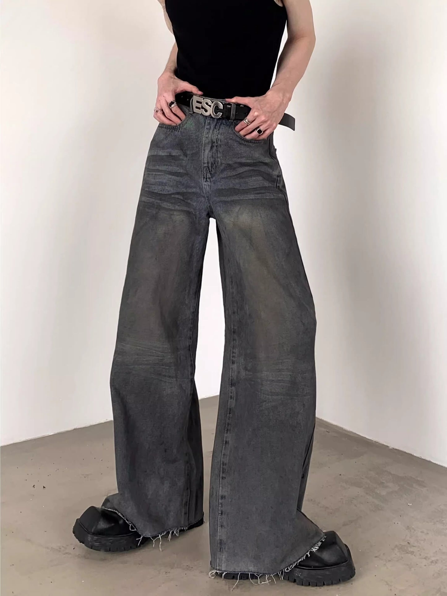 Damage Wide-Leg Straight Denim Jeans WN7051