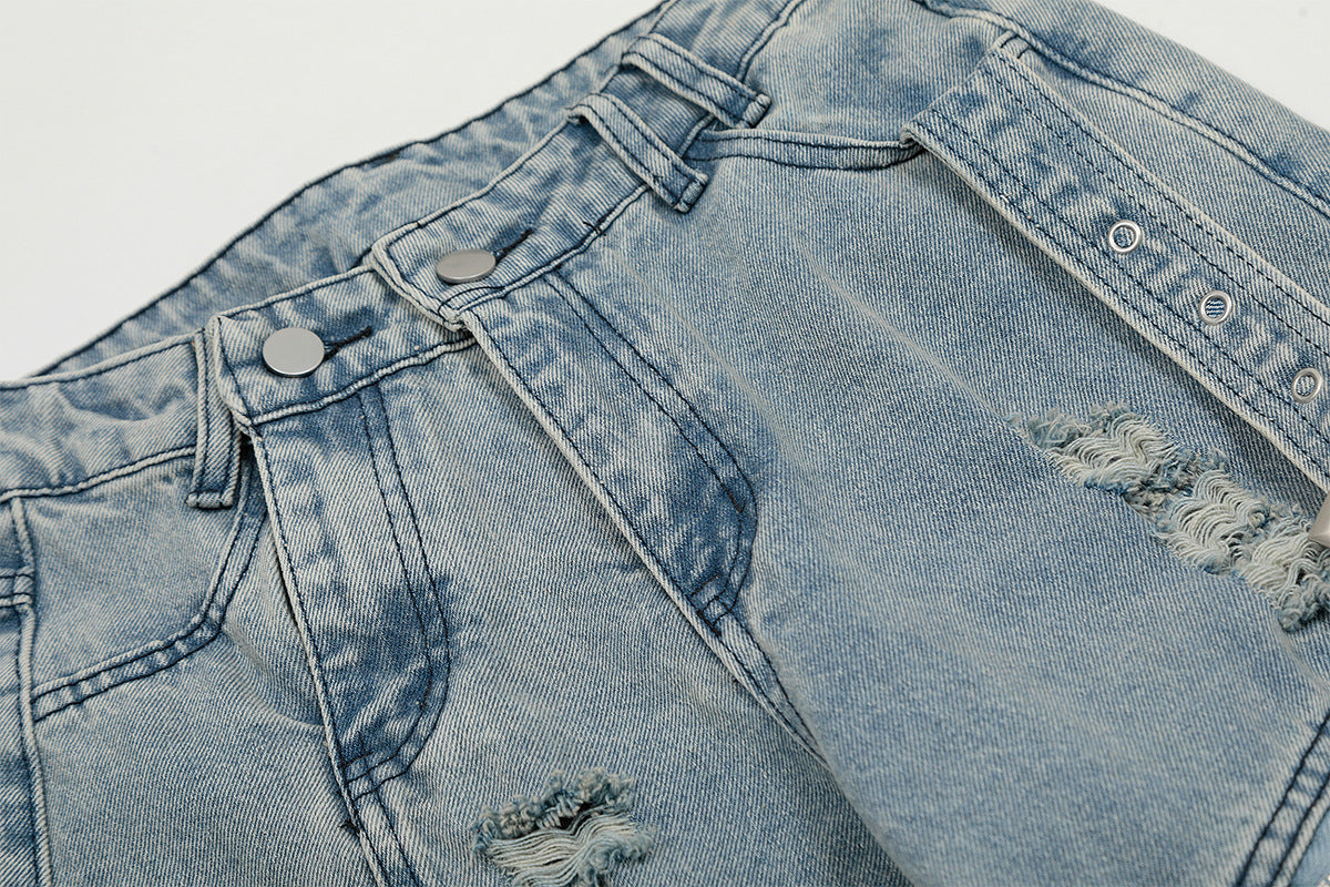 Washed Curved Multi Pocket Wide Leg Cargo Denim Jeans WN25736