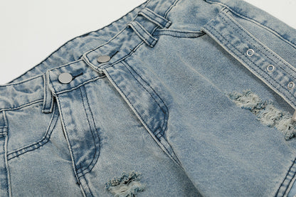 Washed Curved Multi Pocket Wide Leg Cargo Denim Jeans WN25736