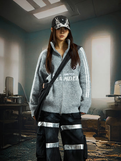 Embroidery Jersey Style Stand Neck Oversize Zipper Knit Cardigan WN22748