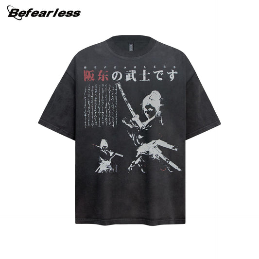 Washed Samurai Print Oversize Short Sleeve T-Shirt WN26400