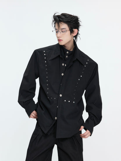 Fake Layered Stud Embroidery Oversize Long Sleeve Shirt WN26987