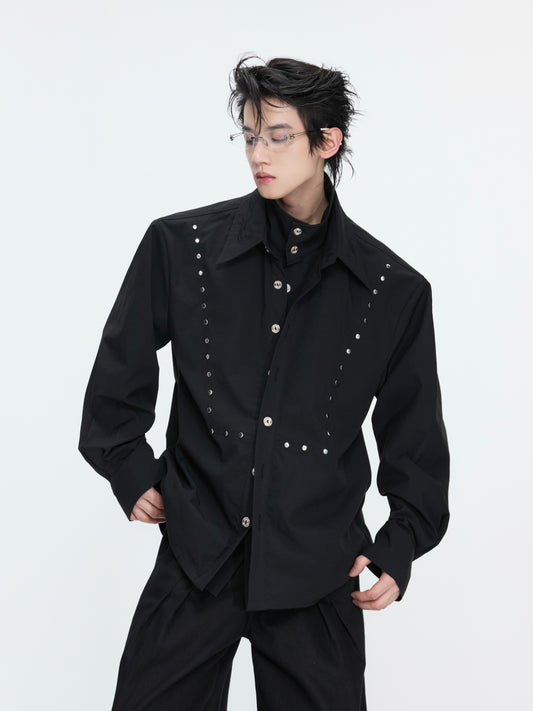 Fake Layered Stud Embroidery Oversize Long Sleeve Shirt WN26987