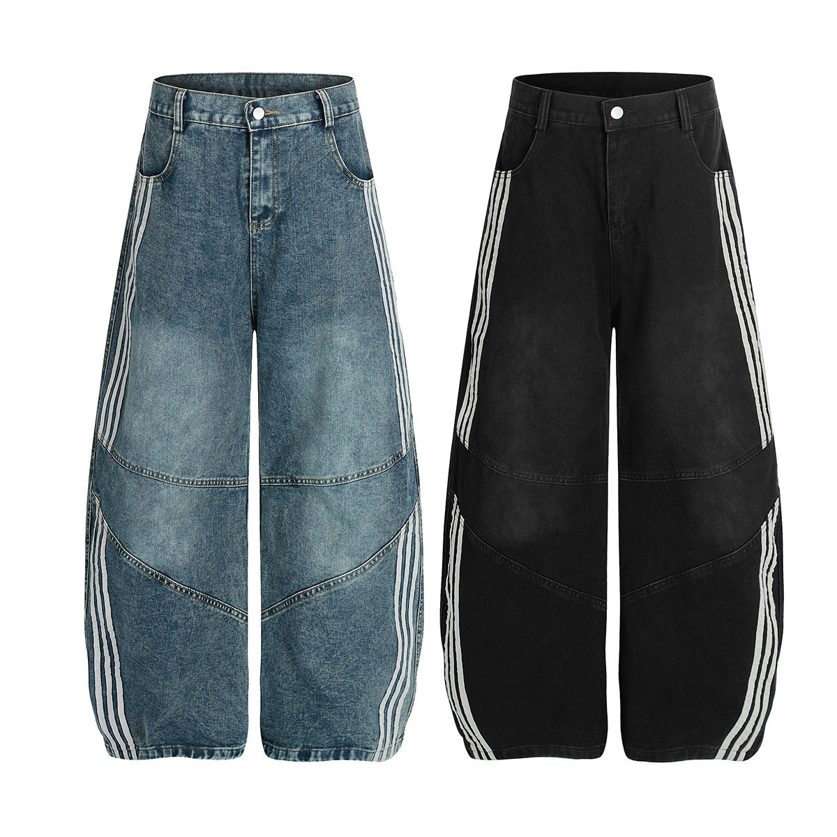 Deconstructed Three-Stripe Curved Wide Leg Denim Jeans WN25738