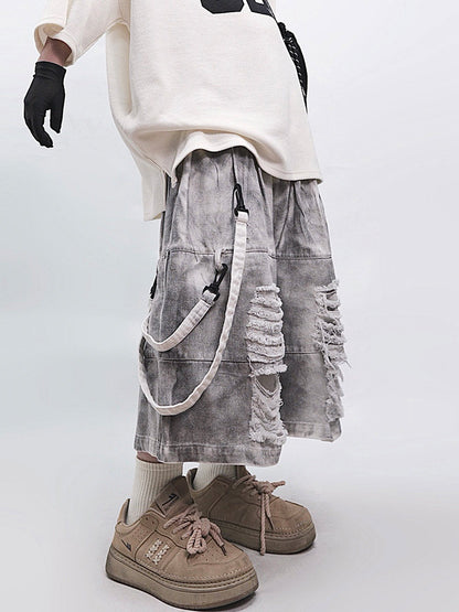 Washed Damage Wide Leg Half Jeans WN23977