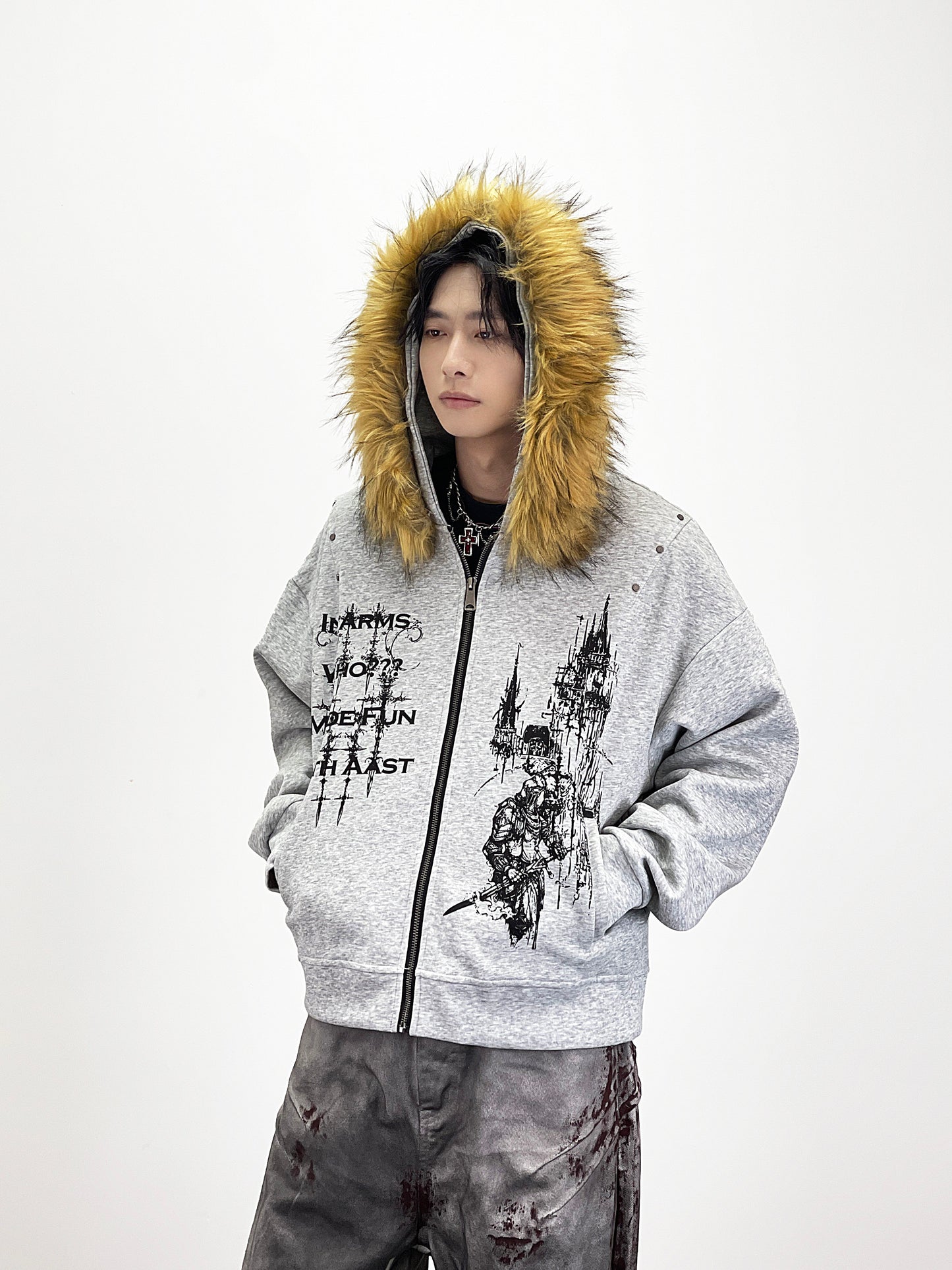 Fake Fur Collar Gothic Graphic Print Hoodie WN24283