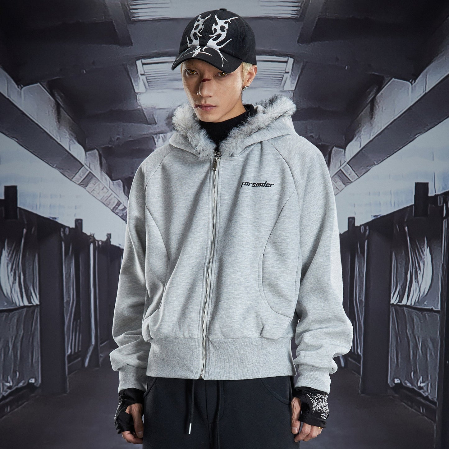 Fake Fur Deconstructed Cropped Zipper Hoodie WN22827