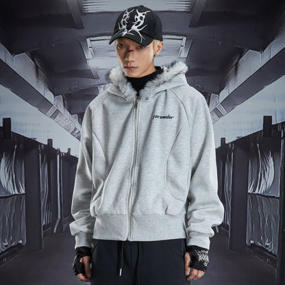 Fake Fur Deconstructed Cropped Zipper Hoodie WN22827