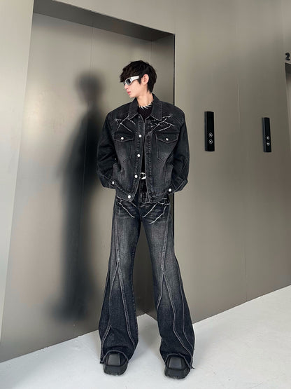 Shoulder-Pad Denim Jacket & Flare Denim Jeans Setup WN16765