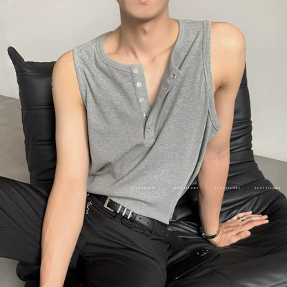 Button Detail Henley Neck Sleeveless T-Shirt WN20083
