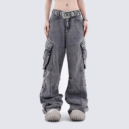 Washed Stacked Wide Leg Cargo Denim Jeans WN27943