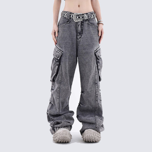 Washed Stacked Wide Leg Cargo Denim Jeans WN27943
