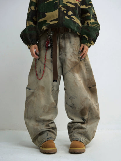 Mud Dye Heavy Wash Wide Leg Curved Hem Denim Jeans WN18178