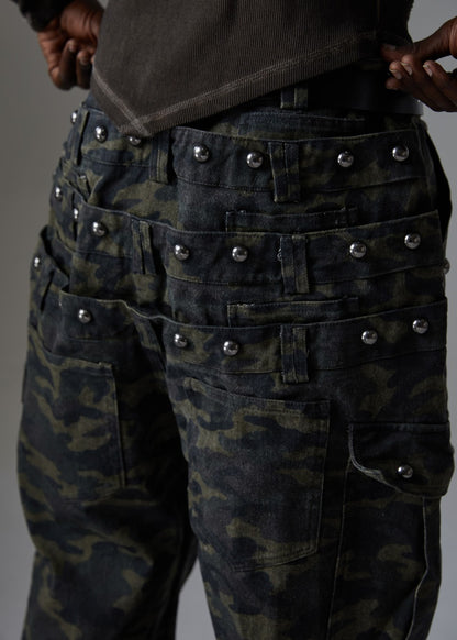 Camouflage Cargo Pocket Wide Leg Denim Jeans WN28009