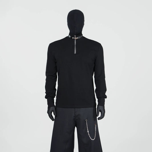 Heavy PU Leather Buckle Half High Neck Long Sleeve T-Shirt WN17337