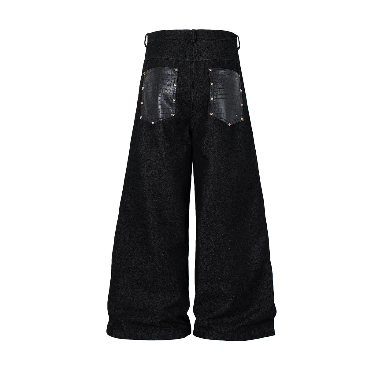 Studs PU Leather Panel Wide Leg Denim Jeans WN25799