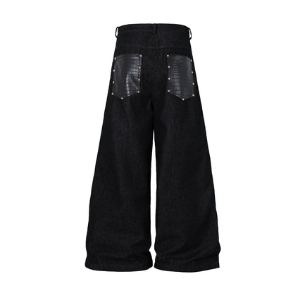 Studs PU Leather Panel Wide Leg Denim Jeans WN25799