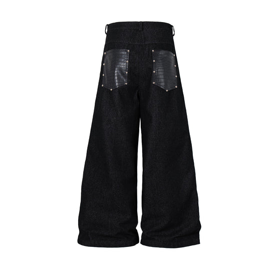 Studs PU Leather Panel Wide Leg Denim Jeans WN25799