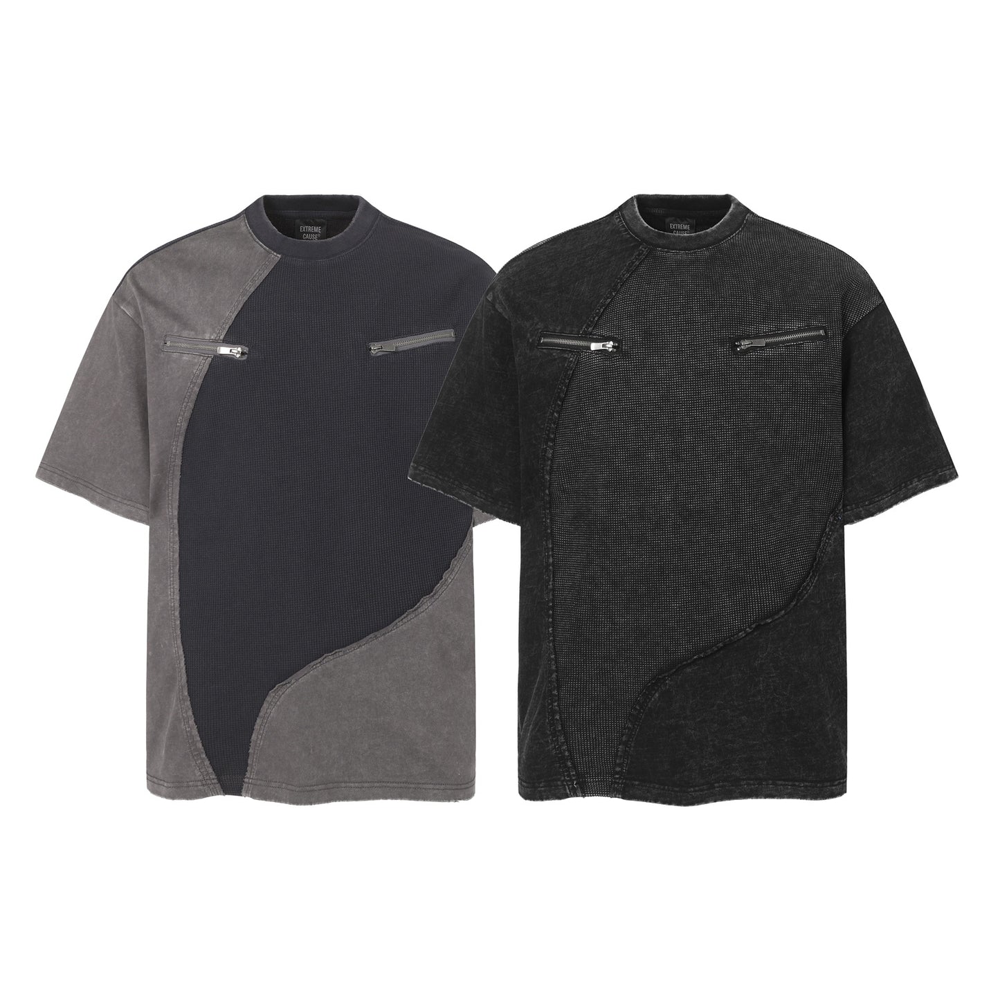 Waffle Panel Zip Design Short Sleeve T-Shirt WN26751