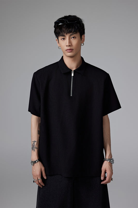 Half Zipper Shoulder-Pad Oversize Short Sleeve Polo Shirt WN13289