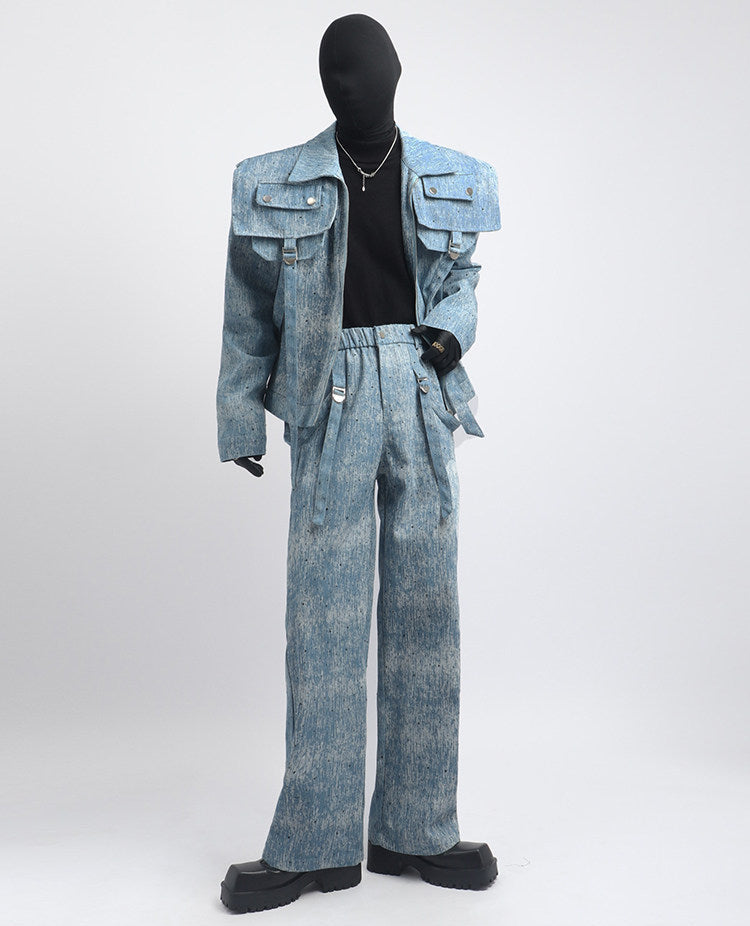 Washed Texture Short Jacket & Washed Texture Wide Leg Pants Setup WN23718