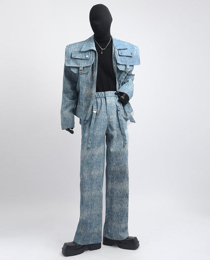 Washed Texture Short Jacket & Washed Texture Wide Leg Pants Setup WN23718