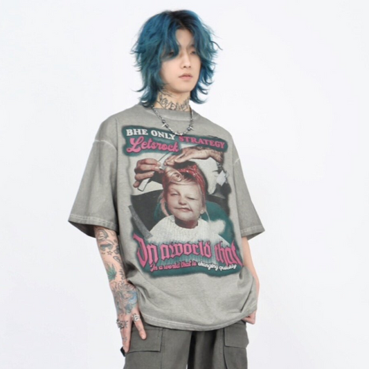 Washed Graphic Print Oversize Short Sleeve T-Shirt WN24408