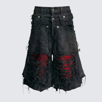 Fake Layered Damage Frayed Wide Leg Denim Half Jeans WN28067