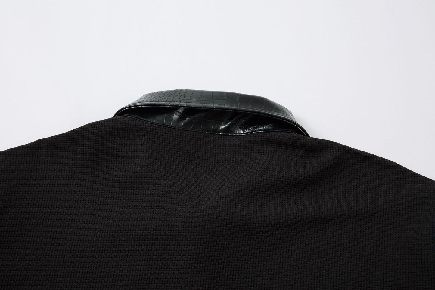 PU Leather Collar Thorn Print Fake Layered Long Sleeve Polo Shirt WN25550
