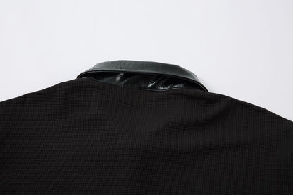 PU Leather Collar Thorn Print Fake Layered Long Sleeve Polo Shirt WN25550